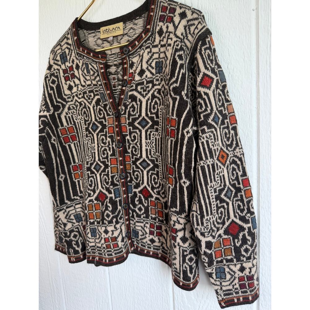 Vintage Intiwara Alpaca Wool Handmade Cardigan Sweater Print Large - Picture 5 of 7